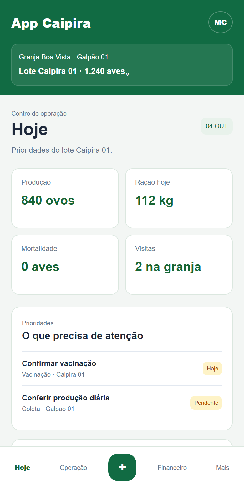 Prévia ilustrativa de Hoje no App Caipira